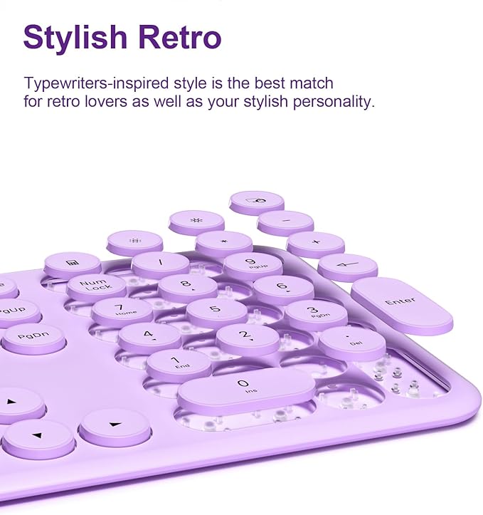 Cute Wireless Keyboard and Mouse Combo Slim 2.4GHz USB Cordless Full Size Silent Retro Keyboard and Mouse Set for PC Computer,Laptop,Windows,Mac,Tablets（Upgraded Violet）