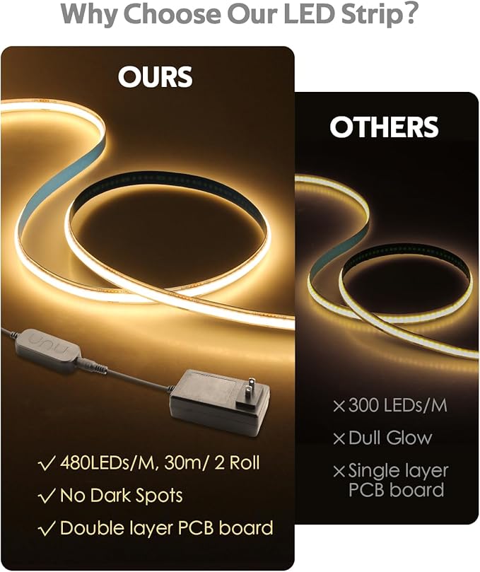 24V COB Led Light Strip 3000K 100FT Bluetooth Dimmable Flexible COB LED Strip Tape Light with Remote for Bedroom Warm White CRI90+ 480LED/M Hight Density Super Bright for Home Lighting 30M/2roll