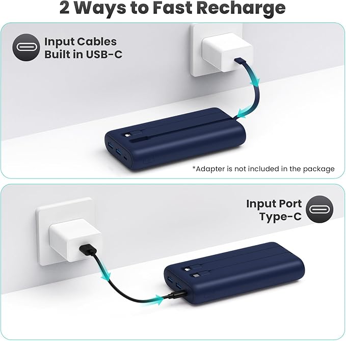 Portable Charger 40,800mAh Power Bank 25W Portable Battery Pack with 2 Built in Cables [2024 Upgraded], PD QC4.0 Fast Charging Portable Phone Charger Compatible with iPhone 16/15,Android Samsung-Navy