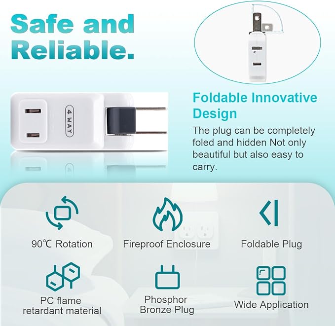 SYCON Outlet Wall Adapter, 2-Prong Swivel Ungrounded Indoor AC Mini Plug Wall Tap-White (4 Way-2 Pack)