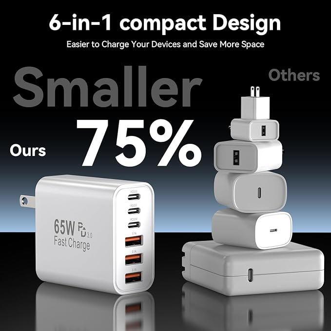 USB C Fast Charger Block, 65W GaN 6 Port USB C Wall Charger 30W Type C Charging Blocks, 3USB C+3USB A PPS/PD 3.0 Multiport Charging Cube for iPhone 17 16 15 14 Pro Max,for Galaxy S25 S24, iPad, 2 Pack