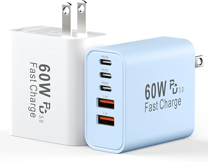 USB C Fast Charger Block, 60W 5-Port USB C Wall Charging Blocks, Type C Chargers Fast Charging Brick, 3USB C+2USB A PD&QC3.0 Multiport Charger Plug for Phone 16/15/14/13 Pro Max, White+Blue