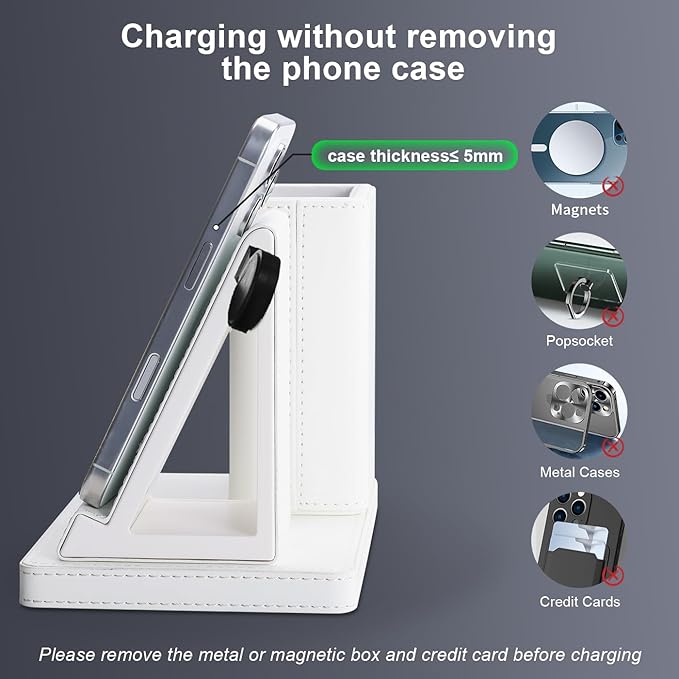 White Leather Pen Holder Desk Organizer with 3-in-1 Wireless Charger for Phone, Earbuds, Watch - Desktop Phone Stand,birthday gifts for women,mom gifts (white)