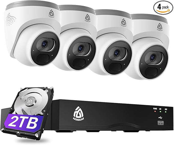4K PoE Security Camera System, 8CH NVR with 2TB HDD and 4PCS 8MP Wired PoE IP Cameras with AI Human/Vehicle Detection & Instant Alert, 100ft IR Night Vision, 24/7 Recording, 2-Way Audio, IP66