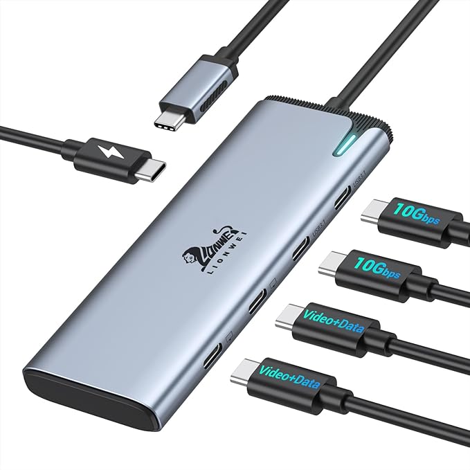 USBC to USBC Hub, LIONWEI USB C Splitter with Dual Type-C Video Output 4K@60Hz, 10Gbps Data Transfer, 100W PD Charging, Dual Monitor Adapter Dongle for USB C Monitor, Windows, MacBook Pro/Air