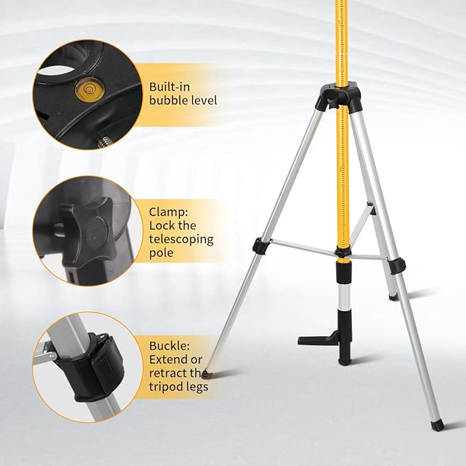 Upgraded 15.7 Ft/4.8M Telescoping Laser Level Pole with Tripod and Mounting Clamp, Adjustable Bracket with 1/4"-20 and 5/8"-11 Threads for Rotary and Line Lasers