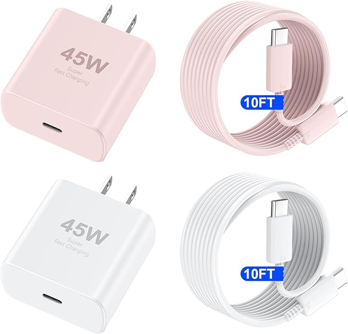 Phone 16 Pro Max Charger Fast Charging, 45W USB C Phone 16 Super Fast Charger Block with 10ft Long Type C Charging Cable Cord for Phone 16/16 Pro/16 Pro Max/16 Plus, 15/15 ProMax/Pro/Plus-White+Pink