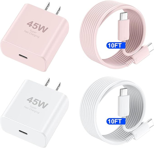 Phone 16 Pro Max Charger Fast Charging, 45W USB C Phone 16 Super Fast Charger Block with 10ft Long Type C Charging Cable Cord for Phone 16/16 Pro/16 Pro Max/16 Plus, 15/15 ProMax/Pro/Plus-White+Pink