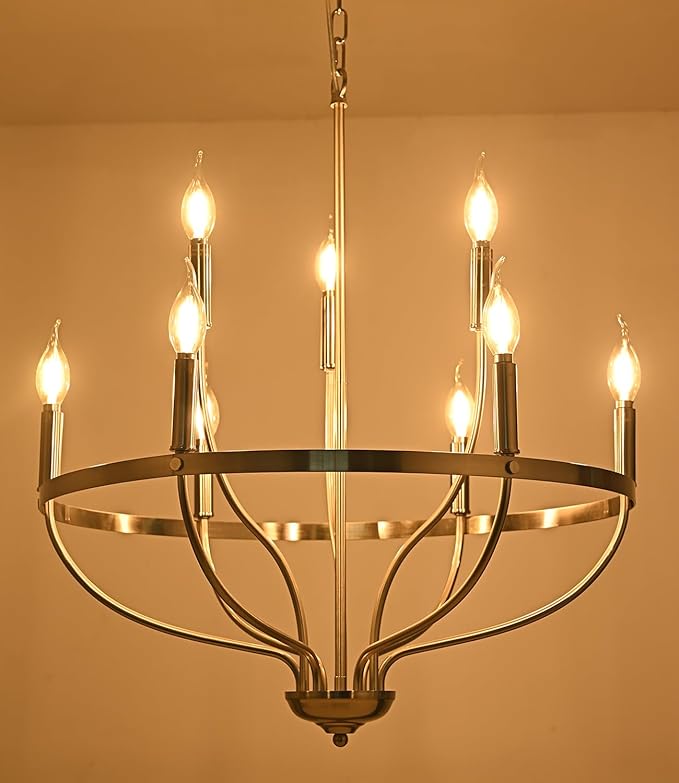 Modern Brushed Nickel Chandeliers Farmhouse Candle 9-Lights Dining Room Light Fixture Industrial Ceiling Hang Light Fixture for Kitchen Living Room Entryway