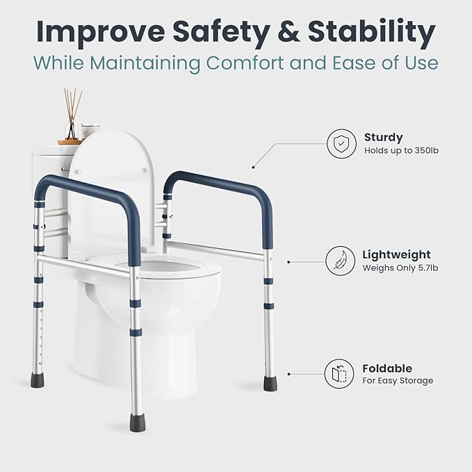 Toilet Safety Rails (350 lb) - Adjustable Toilet Safety Frame & Rails, Toilet Safety Rail for Elderly Adults, Toilet Handles for Seniors, Toilet Bars for Elderly, Disabled & Handicap - Grey