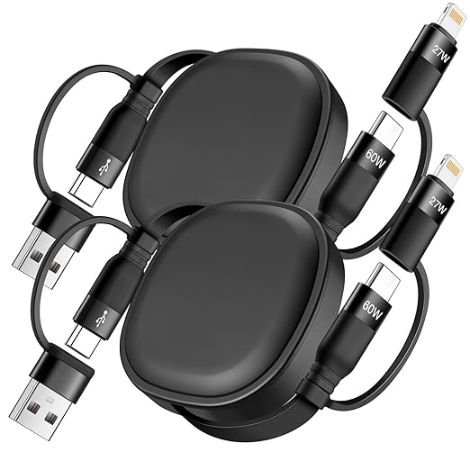 Multi Charging Cable, 2Pack 5 in 1 Retractable Lightning Charger Cable 60W USB C to USB C Fast Charging,Multiple USBC Cord Multi Car Charger for iPhone 17/16/15/14 Pro Max,iPad,Samsung S25 S24,Tablets
