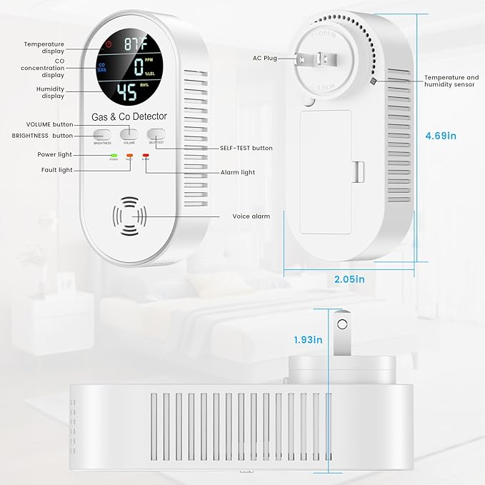 5 in 1 Carbon Monoxide Detectors Plug in with Temperature Humidity Sensor Built in Battery Backup,Natural Gas Leak Detector with Clear LED Display Sound & Light Warning for Home/Hotel,1-Pcs, White.