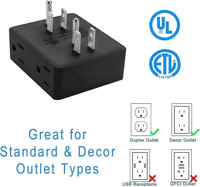 Outlet Extender, HICITY Multi Plug Outlet with 6 Electrical Outlets Adapter, 3-Prong Wall Outlet Tap for Cruise Ship Home Office Dorm, Black (2 Pack)