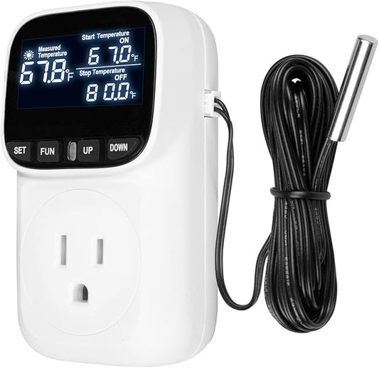 Digital Temperature Controller Thermostat Outlet Plug, 120V 15A Heating and Cooling Control with Sensor,Thermostat Timer LCD Display, Ideal for Reptiles, Greenhouses, and Brewing
