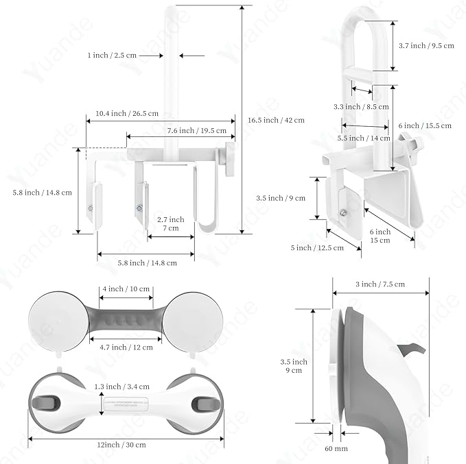 Adjustable Bathtub Safety Rail with Showers Suction Handle,YuanDe 17x6 Inch Stainless Steel Tub Handle Grab Bar, Heavy Duty Bath Handles Clamp for Elderly Seniors Injury Disabled (300 LBS), White