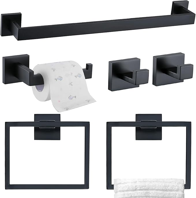 TQKAG 6-Piece Bathroom Towel Bar Sets Matte Black 23.6 inch Towel Bar Stainless Steel Towel Ring Coat Hook and Toilet Paper Holder Bathroom Hardware Set Wall Mounted Bathroom Accessories Kit