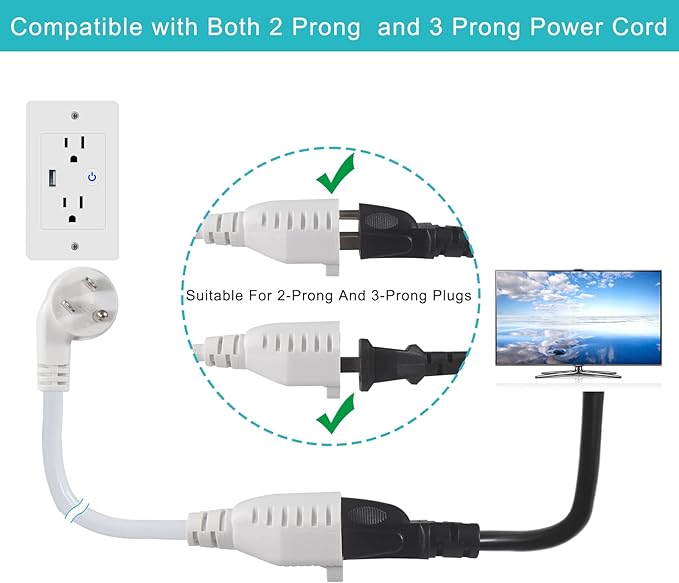 Short Power Extension Cord 1FT - Right Angle Flat Head Extension Cord with 3 Prong White Low Profile Flat Plug 3 Prong Power Cable Single Grounded SJT 16AWG Flexible Power Cord (1 PACK)