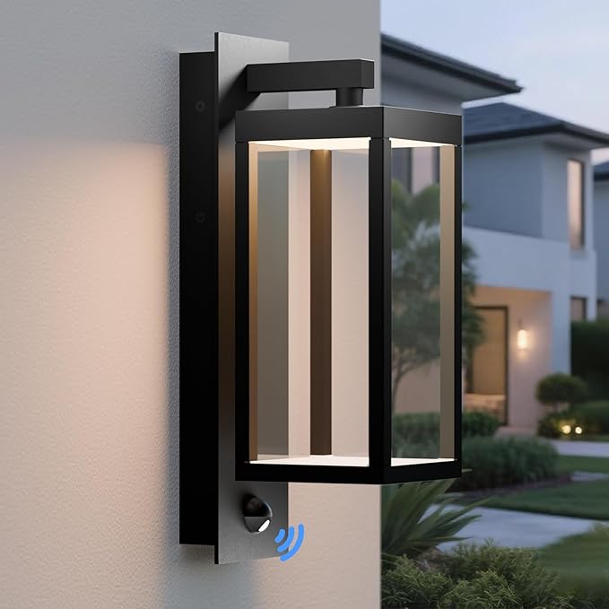 Modern Motion Sensor Dusk to Dawn Outdoor Wall Light Sconce with Glass, 850LM LED, IP65 Waterproof Aluminum Lantern - Exterior Lighting for Porch, Garage, Front Door, Patio,Black