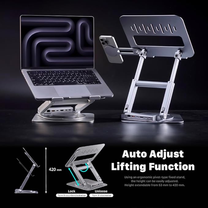 ADAM ELEMENTS USB-C Stand Ultra/Laptop Docking Station – Hub Stand Ultra USB-C Magnetic 6in1 Hub for All MacBook, iPad & USB-C Laptop