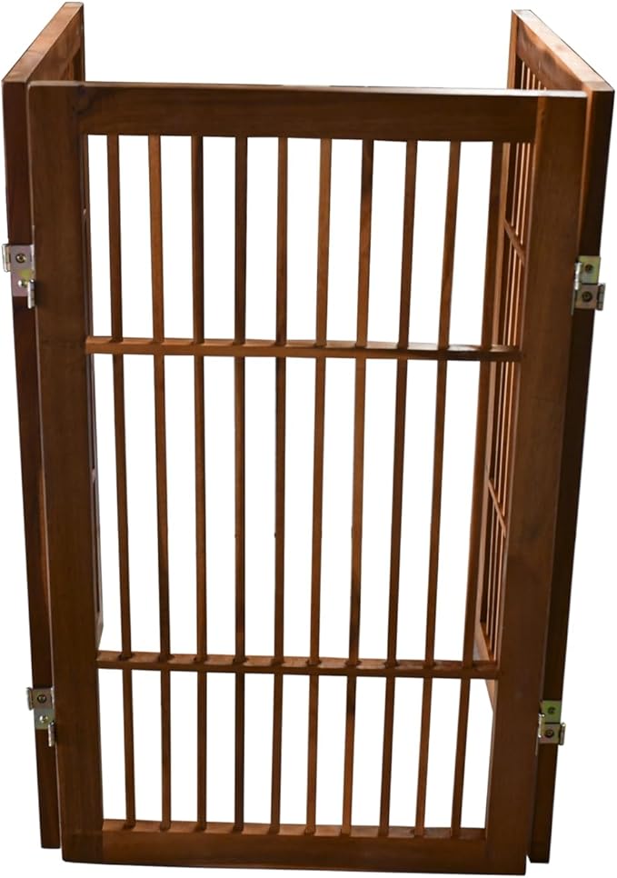 Pet Dog Gate Strong and Durable Freestanding Folding Acacia Hardwood Portable Wooden Fence Indoors or Outdoors by Urnporium (Brown Pet Gate, 3 Panel 30" Tall)