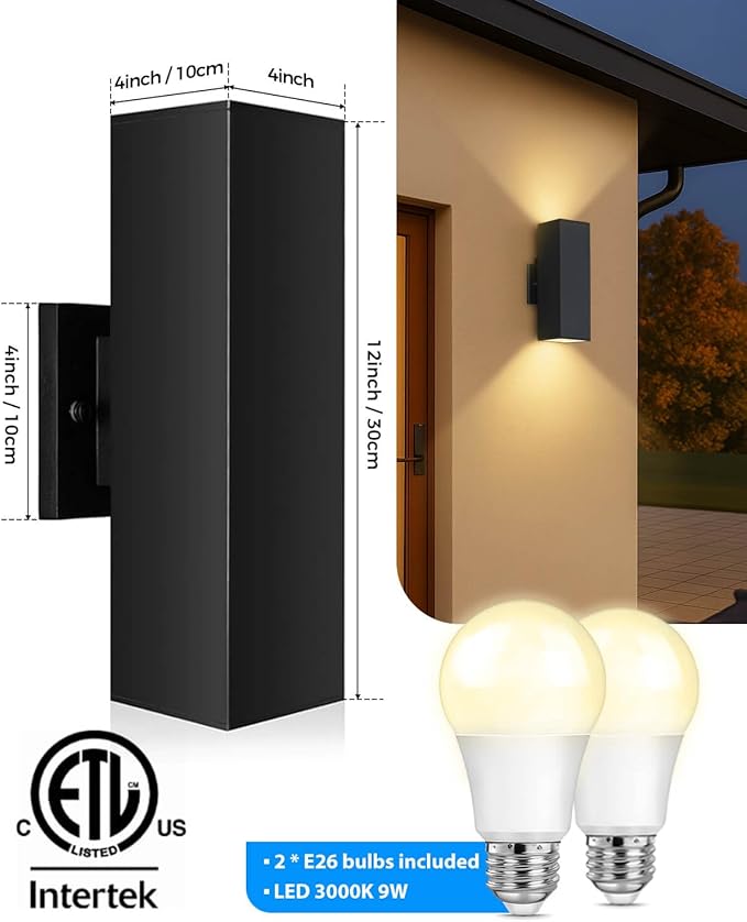 KIZON Dusk to Dawn Outdoor Lighting, Modern Outdoor Wall Light Up and Down Lights with LED Bulbs, Square Sconce Matte Black Exterior Lighting Fixture Wall Mount for House Porch, ETL Listed