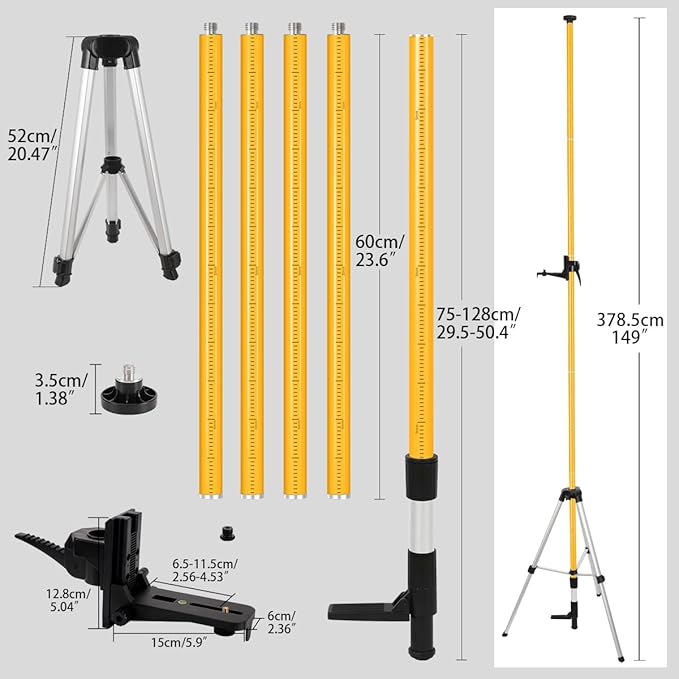 MOETER Laser Level Pole, Laser Tripod Stand, 12 Ft./3.7M Telescoping Laser Pole with Tripod, 1/4"-20 & 5/8"-11 Threaded Adapter of Rotary and Line Lasers