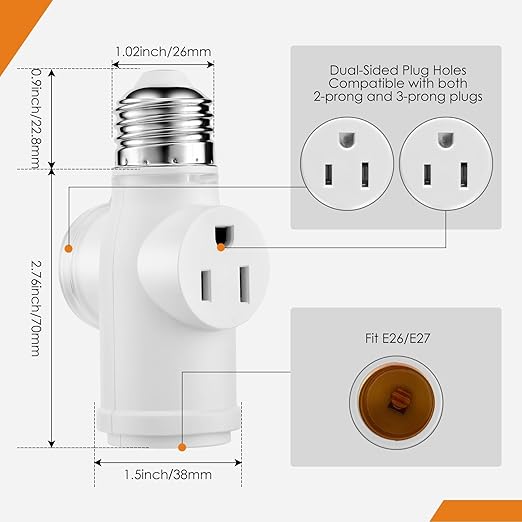 Onite Light Socket Outlet Adapter, Update to 3 Prong Plug Splitter with Waterproof and Dustproof Cover for Outdoor & Indoor, (White, 2-Pack)