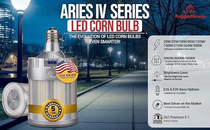 RuggedGrade Aries III Series 36W LED Corn Bulb | 4,900 Lumens | 4000K | E39 Base | Built-in 4KV Surge Protection | Dimmable | DLC 5.1 Premium