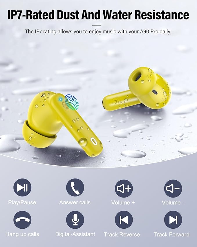 Wireless Earbuds, Bluetooth 5.4 Headphones Bass Stereo, Ear Buds with Noise Cancelling Mic, IP7 Waterproof in Ear Earphones, 36H LED Display Bluetooth Earbuds for Laptop Pad Phones Sports, Yellow