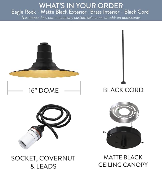 Steel Lighting Co. Eagle Rock Pendant | Ceiling Mounted Light | 16 inch Radial Wave | Black Cord | Heavy Duty Steel Retro Farmhouse Style Made in America | Matte Black Exterior/Brass Interior