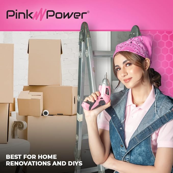Pink Power 3.6 Volt Electric Screwdriver Cordless Rechargeable Screw Gun & Bit Set for Women - Cordless Screwdriver LED light, Battery Indicator and Pivoting Head - Small Power Screwdriver