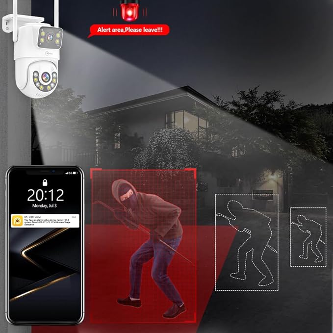 Dual Lens Linkage 8MP Pan/Tilt WiFi PTZ Security Camera Outdoor, Auto Tracking, Human Detection, Light Alarm, Color Night Vision,Siren, Plug-in Cable,2.4G WiFi,SD Card Slot with TF64G Card