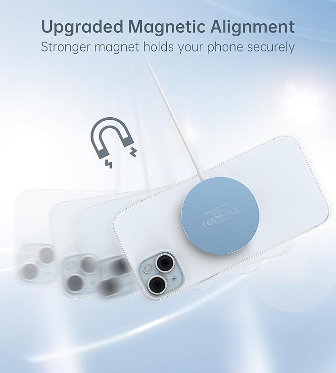 Magnetic Wireless Charger with Aluminum Charging Pad Stand Compatible with iPhone 16/15/14/13/12 Series，20W PD Charger&5ft Cable Included, Blue