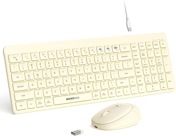 Wireless Keyboard and Mouse Combo for Desktop Mac iPad Bluetooth 2.4 Ghz Rechargeable Ultra Silent Click with Number Pad Compatible with Pc, Laptop, Tablet (Cream)