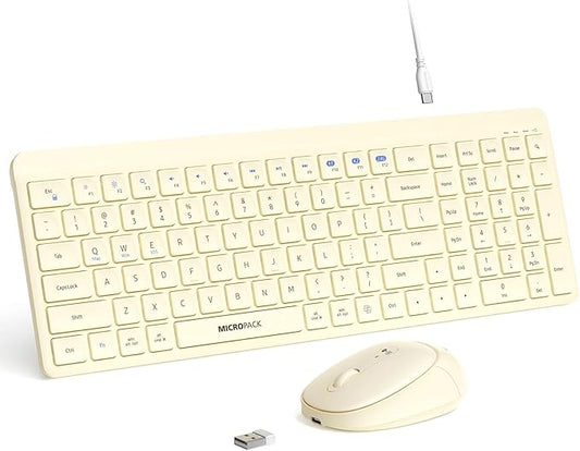 Wireless Keyboard and Mouse Combo for Desktop Mac iPad Bluetooth 2.4 Ghz Rechargeable Ultra Silent Click with Number Pad Compatible with Pc, Laptop, Tablet (Cream)