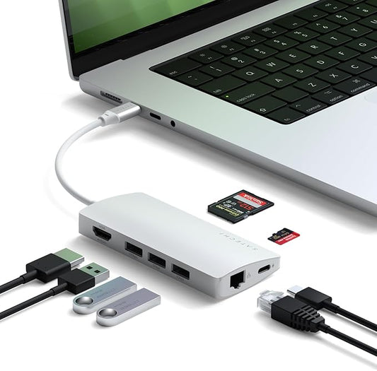 Satechi 8 in 1 USB C Hub Multiport Adapter V2, 4K HDMI, 115W USB C PD Charging, 3 USB-A, Ethernet, Micro/SD Card Readers, for Laptop, MacBook Pro/Air M4/M3/M2/M1, iPad, iPhone 16, Windows - Silver