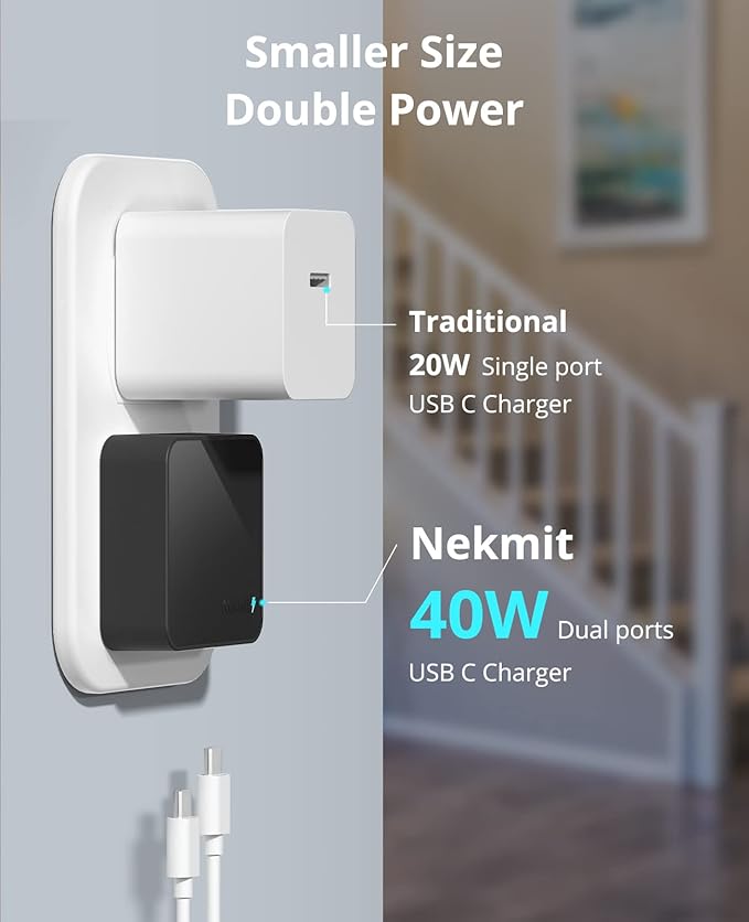 Nekmit Dual Port USB C Wall Charger, 40W PD Fast Charging USB C Wall Plug Adapter, Flat Thin Slim Charger Block for iPhone 14/14 Pro/14 Pro Max, Galaxy, MacBook Air, iPad, AirPods and More