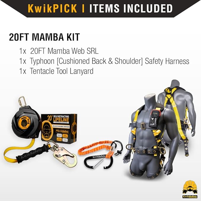 KwikSafety - Charlotte, NC - Mamba 20’ [Harness Combo] Self Retracting Lifeline Carbonate Lightweight Housing Class 1 Web SRL ANSI OSHA Retractable Fall Arrest Construction Gear