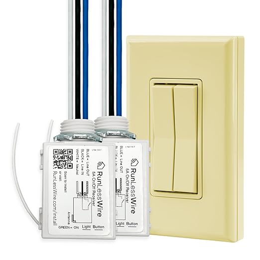 RunLessWire Fan & Light Battery-Free DIY Wireless Light Switch Kit 150ftRF Range Kinetic for Bathrooms & Ceiling Fans: 1 Dual Remote Switch Controls 2 5A On/Off Receivers Separately – Ivory