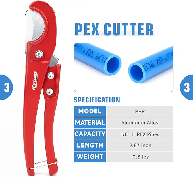 iCrimp KIT-FACL PEX Crimping Tool Kit for Crimping & Removal 1/2-in, 3/4-in, 1-in PEX Copper Crimp Ring, with PEX Tubing Cutter, Corner Operation Friendly