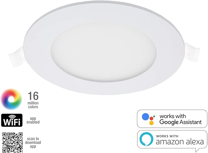 Maxxima Luvoni 4 in. Smart WiFi Dimmable Slim Round LED Downlight, CCT 2700-6500K, Google Home/Alexa Compatible Flat Panel Light Fixture, 600 Lumens 10 Watt, Junction Box Included