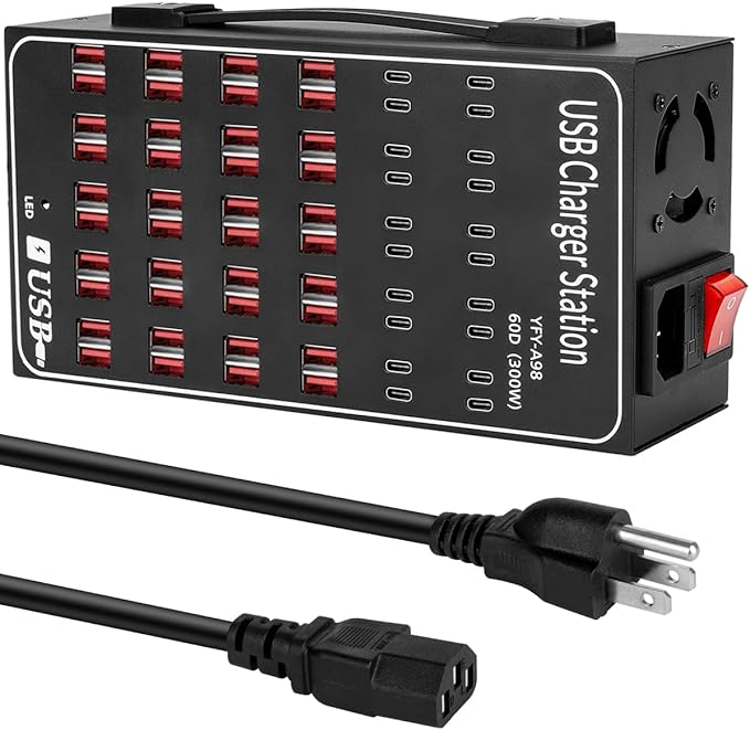 60 Port 300W(60A) USB Charging Station, Multi USB C Charger Station Block with Intelligent Protection, Desktop Charging Station for Multiple Devices, Suitable for Schools, Hotels, Shops and Malls