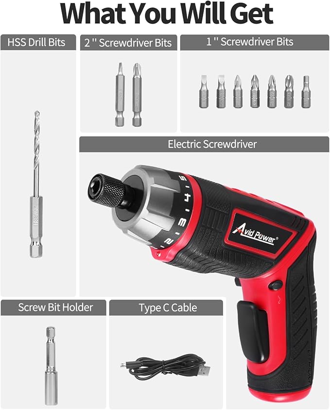 AVID POWER Electric Screwdriver Set Rechargeable 4V Cordless Screwdriver Kit with 11pcs Accessories, 5.65Nm Screw Gun, 5+1 Torque Setting, 2 Position Handle with LED Light-Dark Red