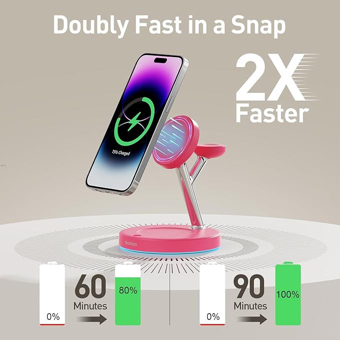 3 in 1 Charging Station Compatible with Mag-Safe Charger Wireless Charger Stand for iPhone 16 15 14 13 12 Series Wireless Charging Station for AirPods Wireless Charging Stand for iWatch Series (Red)