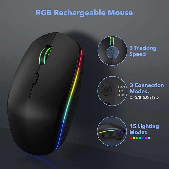 Wireless Keyboard and Mouse Bluetooth, Multi-Device Mini Keyboard, Switch up to 3 Devices, Slim Portable Travel Backlit Cordless Set, RGB Silent Mouse, for Mac, Windows, iOS, Android, Ipad - SABLUTE