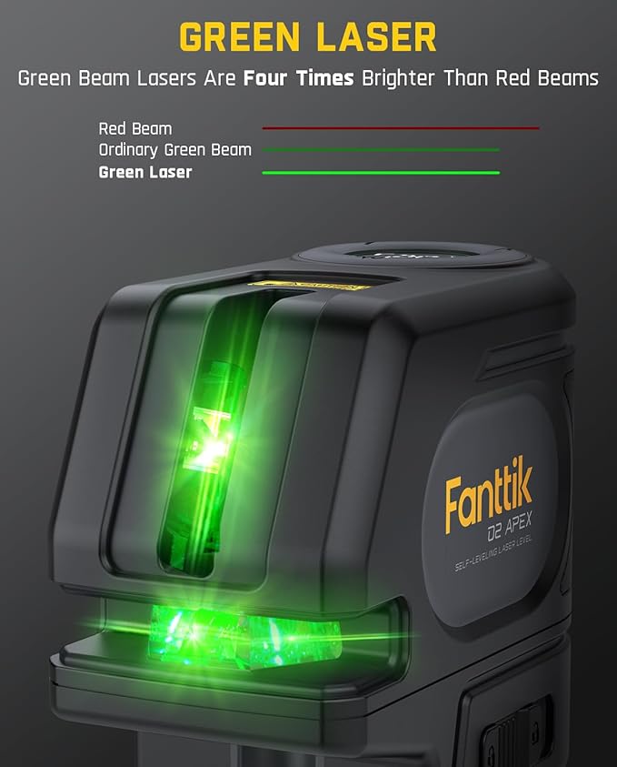 Fanttik D2 APEX Laser Level with Plumb Points, 100 ft Self-Leveling Green Cross Line Laser with LED Display, 170° Horizontal Wide Angle, Magnetic Bracket, for Picture Hanging and Home Improvement