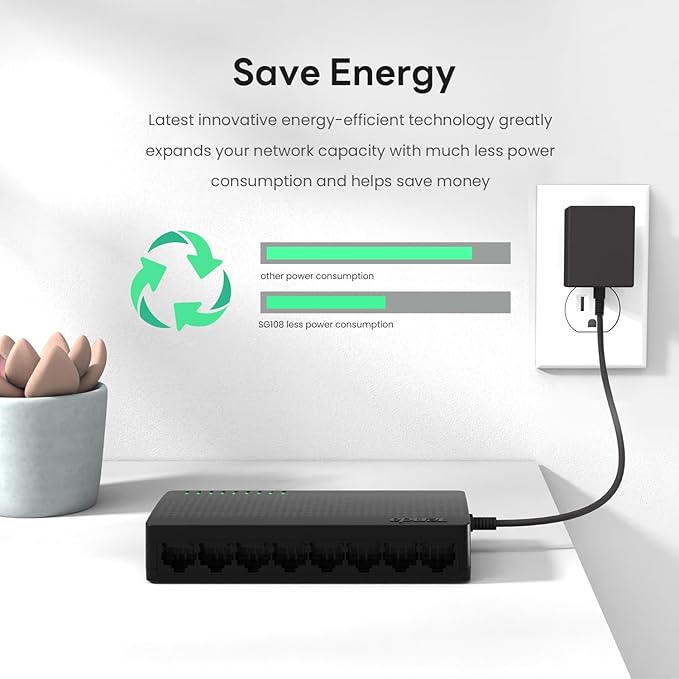 Tenda SG108, 8 Port Gigabit Switch, Unmanaged Home Ethernet Switch, Office Ethernet Splitter, Plug & Play, Plastic Case, Desktop/ Wall-Mount, Fanless Quiet, Limited Lifetime Protection