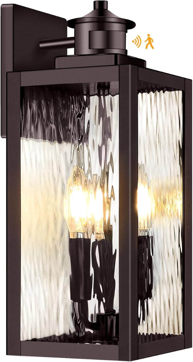 3-Light Motion Sensor Outdoor Wall Light, Waterproof Exterior Wall Sconce Light Fixture with Water-Rippled Glass, Dusk to Dawn Brown Outside Wall Lantern for House, Porch, Patio,Bulbs Not Included