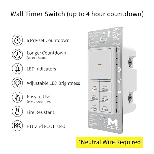 Minoston WiFi Timer Switch - Smart Countdown Timer, 5-15-30 Minutes/1-2-4 Hour, ON/OFF, Neutral Wire Needed, for Lights, Fans, Heaters, ETL Listed