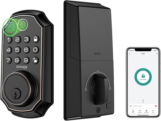 GHome Smart Door Lock KD30, Fingerprint Smart Deadbolt for Front Door, 5 in 1 Keyless Entry Door Lock, App Control, Auto Lock, 0.3s Unlock, Easy Install, for Home/Apartment/Office, Black